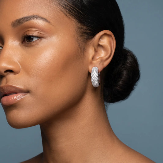 Platinum Diamond Full Pave Chunky Hoop Earrings - worn close up
