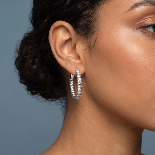 Platinum Round Diamond Hoop Earrings - worn close up