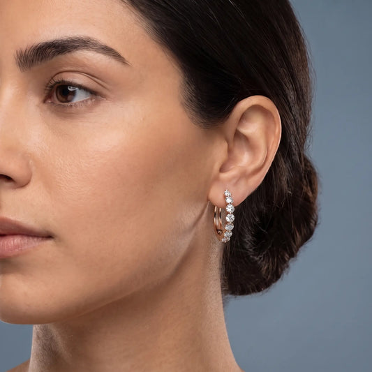 14KT Rose Gold Diamond Side Pave Hoop Earrings - worn close up