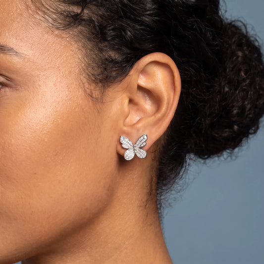 10KT Rose Gold Diamond Butterfly Cluster Earrings - worn close up