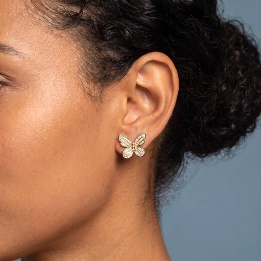 10KT Yellow Gold Diamond Butterfly Cluster Earrings - worn close up