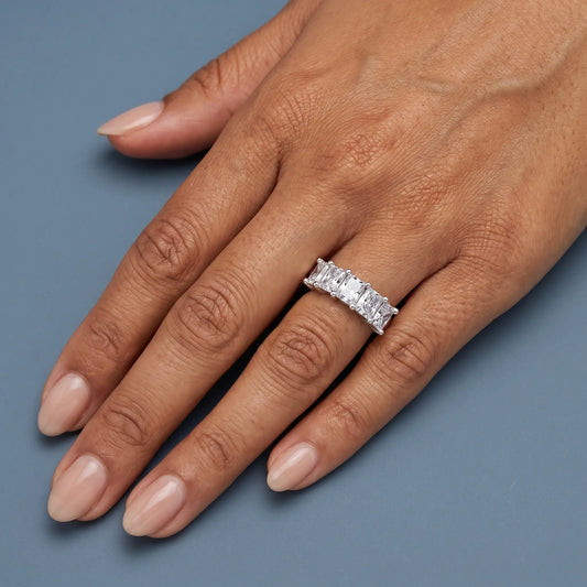 Silver Five Stone Radiant Cut Diamond Half Eternity Wedding Band - worn on hand