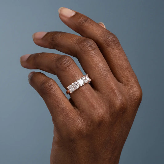 10K Rose Gold Five Stone Radiant Cut Diamond Half Eternity Wedding Band - worn on hand