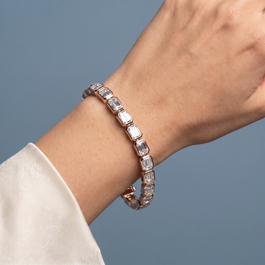 10K Rose Gold Emerald Cut Bezel Set Diamond Tennis Bracelet - Close-up