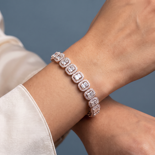 10K Rose Gold Radiant Cut Halo Diamond Tennis Bracelet - Close-up
