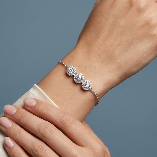 10K White Gold Three Stone Round Halo Diamond Chain Bracelet - Close-up