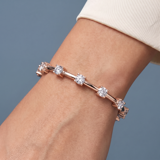 10K Rose Gold Round Cut Diamond Station Bracelet - Close-up