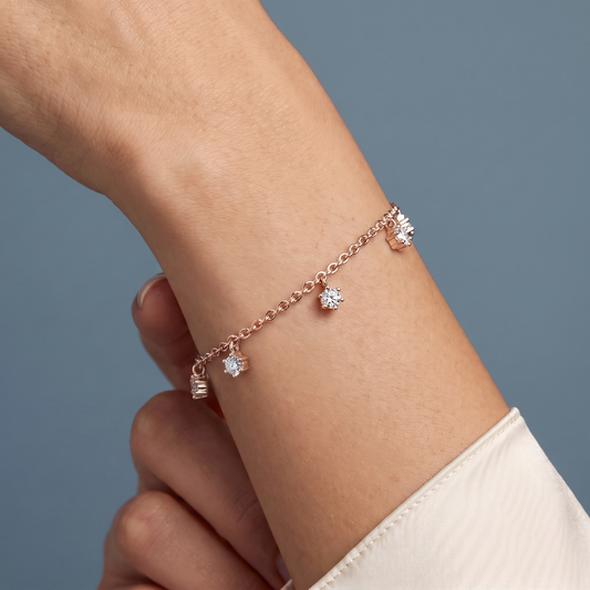 14K Rose Gold Round Cut Diamond Drop Chain Bracelet - Close-up