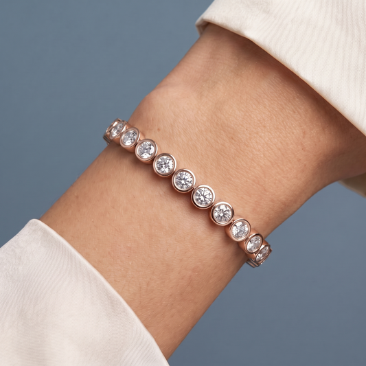 14K Rose Gold Round Cut Bezel Set Diamond Tennis Bracelet - Close-up
