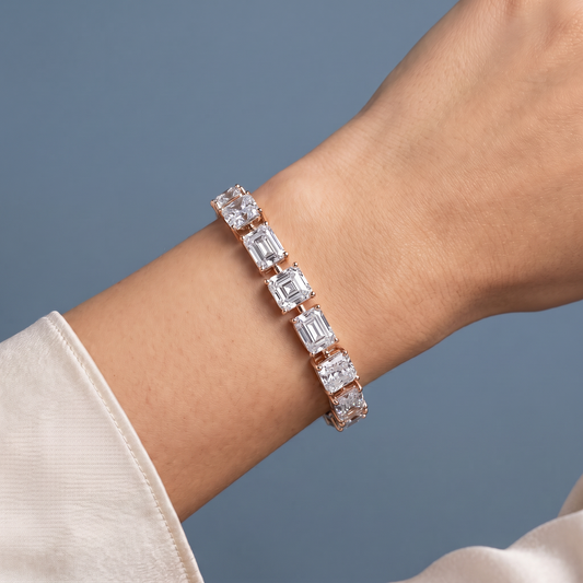 14K Rose Gold Radiant and Square Emerald Cut Diamond Tennis Bracelet - Close-up