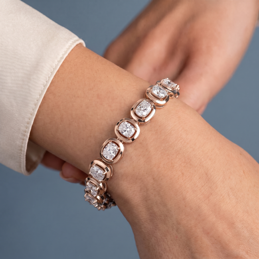 10K Rose Gold Cushion Cut Diamond Tennis Bracelet - Close-up