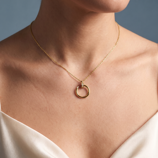 10KT Yellow Gold Open Circle Vertical Diamond Pendant - Close-up