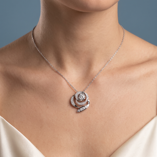 10KT White Gold Spiral Pave Diamond Pendant - Close-up