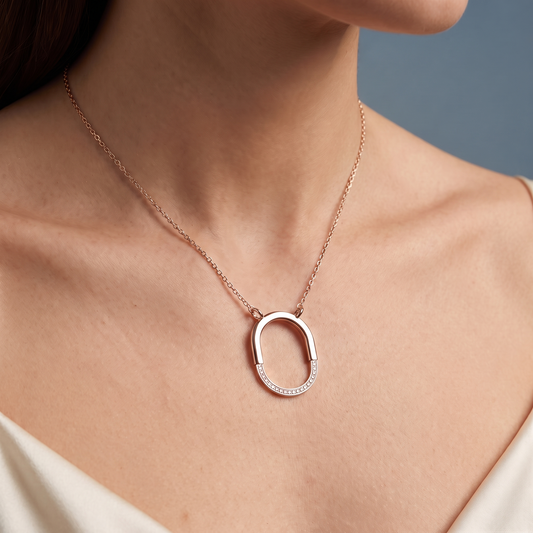 14KT Rose Gold Open Oval Diamond Pendant - Close-up