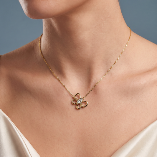 10KT Yellow Gold Floral Bow Diamond Pendant - Close-up