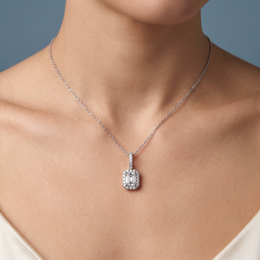 14KT White Gold Emerald Cut Diamond Halo Pendant - Close-up