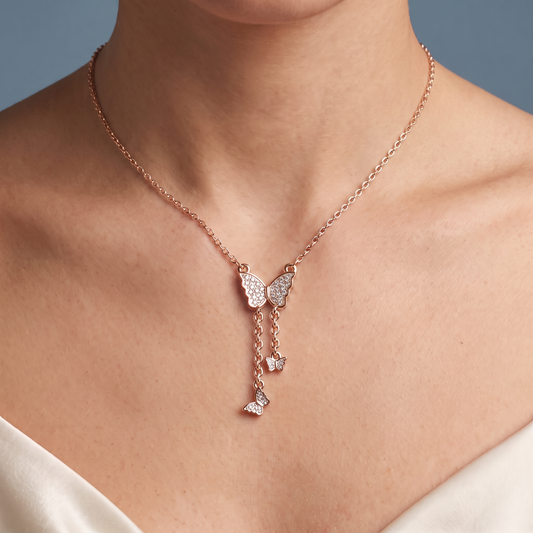 14KT Rose Gold Butterfly Dangling Chain Diamond Pendant - Close-up