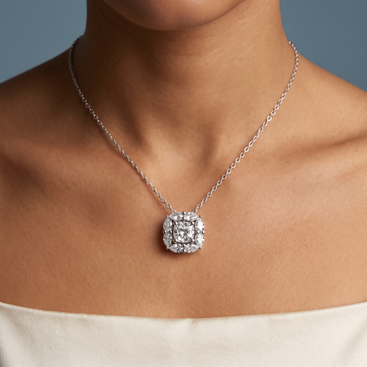 Platinum Cushion Cut Diamond Floral Halo Pendant - Close-up