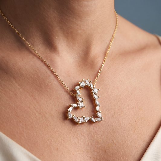 10KT Yellow Gold Mixed Shape Open Heart Diamond Pendant - Close-up