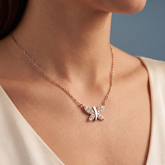 14KT Rose Gold Butterfly Wing Diamond Pendant - Close-up