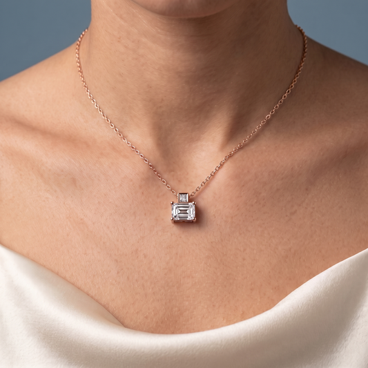 10KT Rose Gold Emerald Cut Diamond Accent Pendant - Close-up