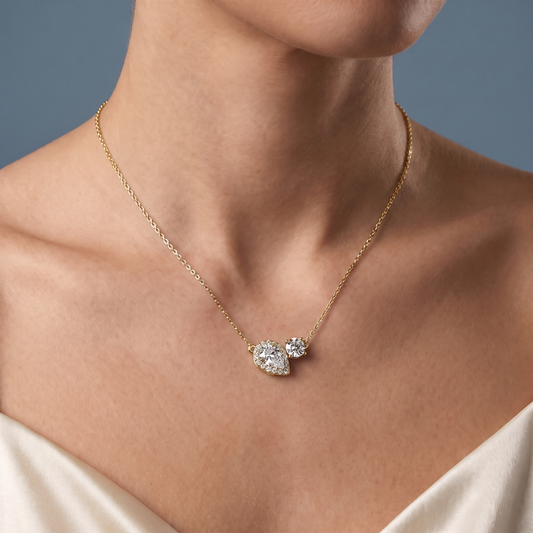 14KT Yellow Gold Pear Halo Round Two Stone Diamond Pendant - Close-up