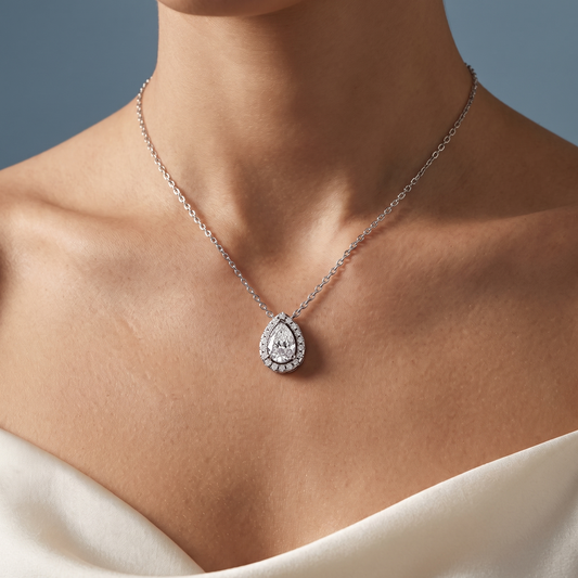 Silver Pear Diamond Structured Halo Pendant - Close-up