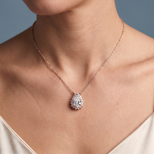 14KT Rose Gold Pear Diamond Sparkling Halo Pendant - Close-up