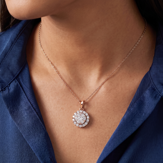 10KT Rose Gold Round Diamond Cluster Halo Pendant - Close-up