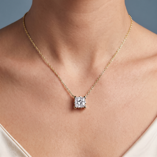 14KT Yellow Gold Princess Cut Diamond Corner Prong Pendant - Close-up