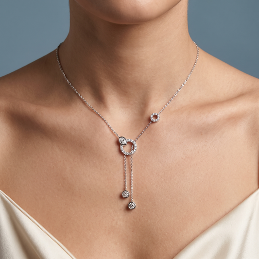 Silver Double Chain Drop Circle Diamond Necklace - Close-up