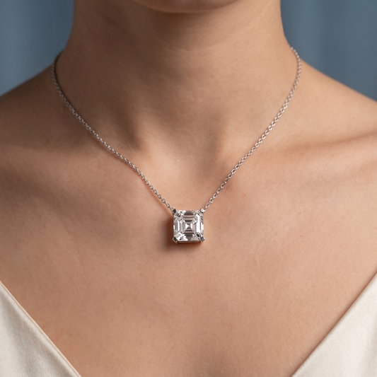 14KT White Gold Asscher Cut Diamond Solitaire Necklace - Close-up
