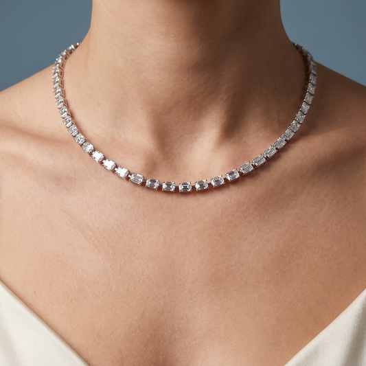 Silver Statement Emerald Cut Brilliant Diamond Necklace - Close-up