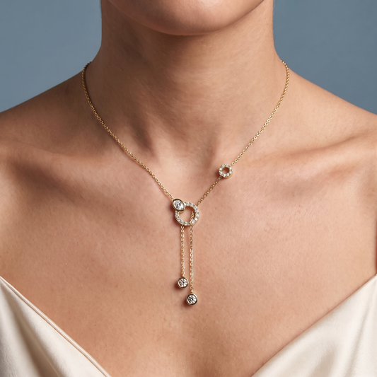10KT Yellow Gold Double Chain Drop Circle Diamond Necklace - Close-up