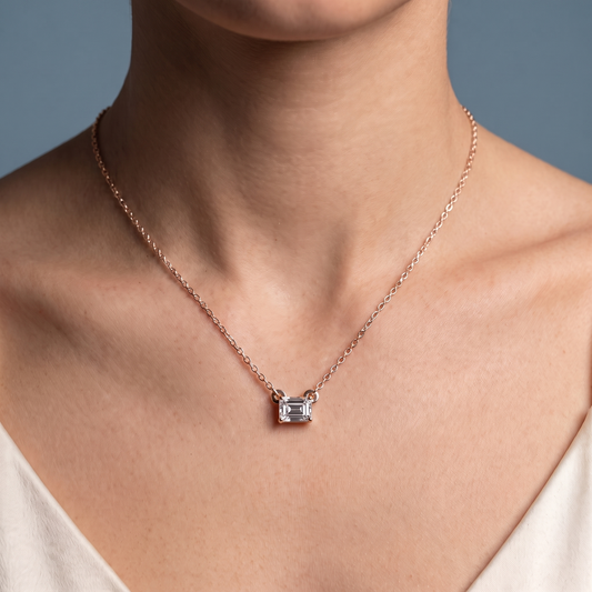 14KT Rose Gold Emerald Cut Diamond Solitaire Necklace - Close-up