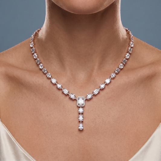 14KT Rose Gold Statement Emerald Oval Round Cut Station Brilliant Multi-Cut Diamond Necklace - Close-up