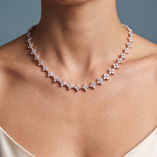 14KT Rose Gold Statement Round Cluster Brilliant Diamond Flower Necklace - Close-up