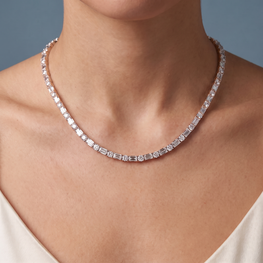 10KT Rose Gold Statement Round Emerald Cut Alternating Brilliant Mixed Diamond Necklace - Close-up