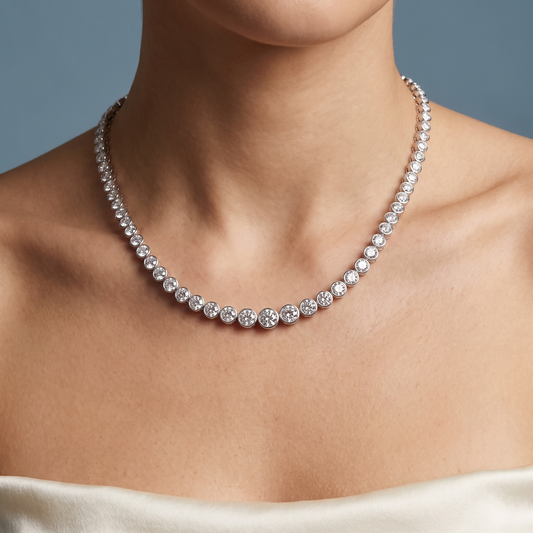 10KT White Gold Round Cut Bezel Graduated Brilliant Diamond Tennis Chain Necklace - Close-up