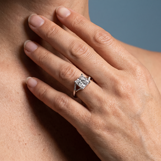 14 KT White Gold Princess Cut Diamond Split Shank Engagement Ring with Hidden Halo - worn close-up