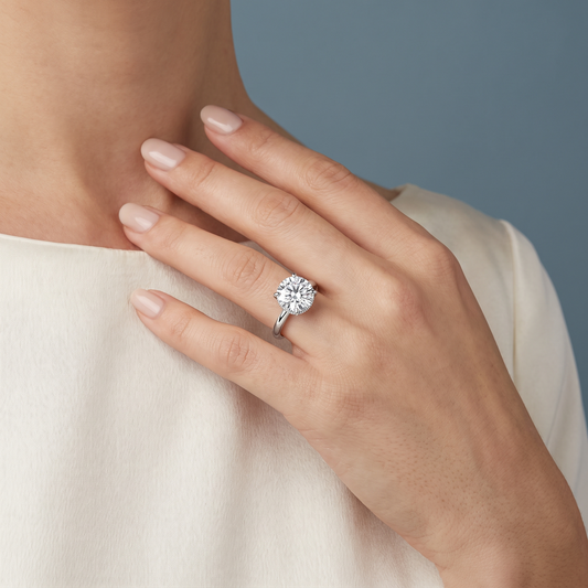 Platinum Round Cut Diamond Solitaire Ring with Cathedral Band - worn close-up