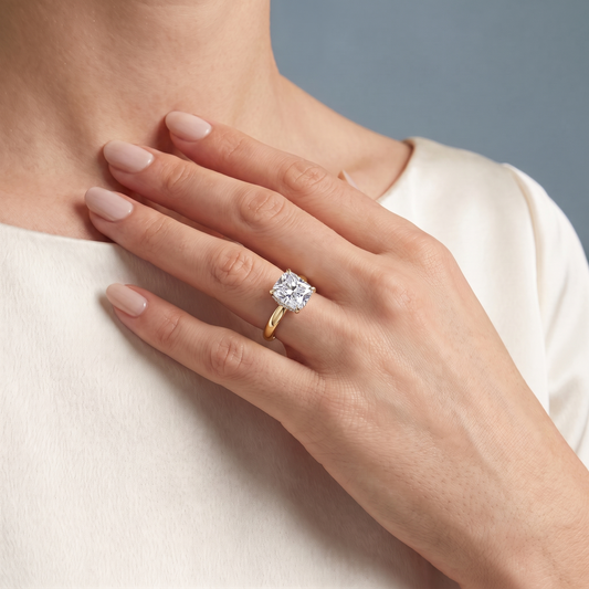 14 KT Yellow Gold Cushion Cut Diamond Hidden Halo Solitaire Ring - worn close-up