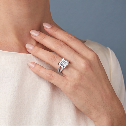 Platinum Asscher Cut Diamond Ring with Pave Split Shank - worn close-up