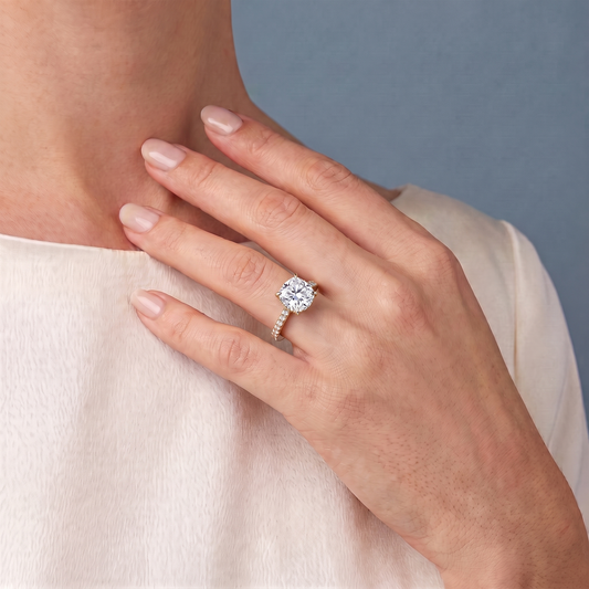 18 KT Yellow Gold Cushion Cut Diamond Ring with Hidden Halo - worn close-up
