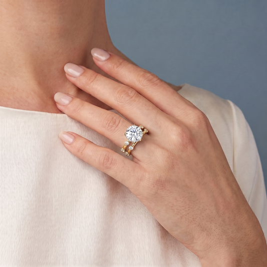 14 KT Yellow Gold Round Cut Diamond Ring with Floating Accent Band - worn close-up