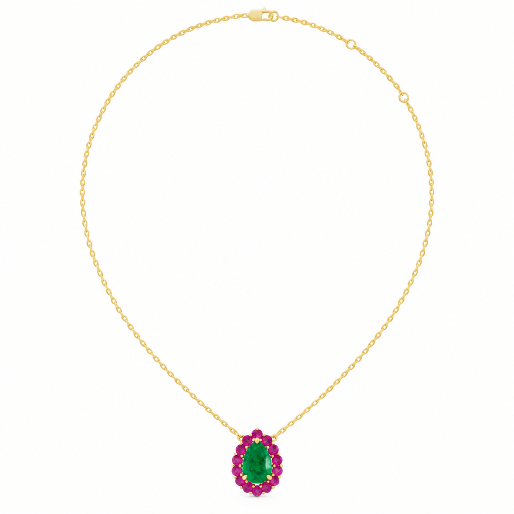 10K Yellow Gold Lab Grown Pear Emerald Pink Sapphire Halo Pendant - View 3