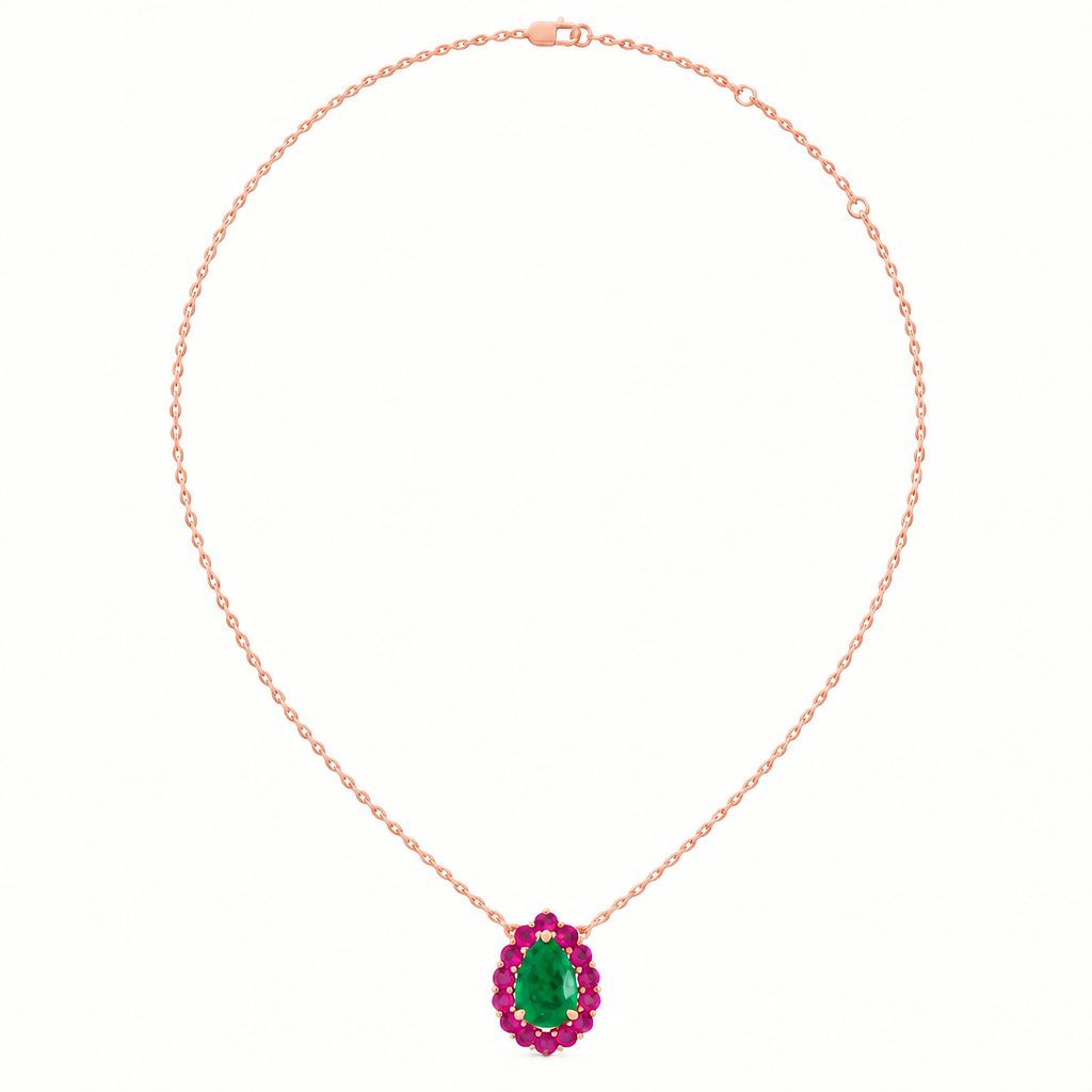 10K Rose Gold Lab Grown Pear Emerald Pink Sapphire Halo Pendant - View 3