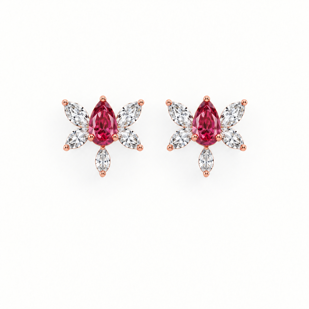 10K Rose Gold Lab Grown Ruby Butterfly Diamond Stud Earrings - Top view