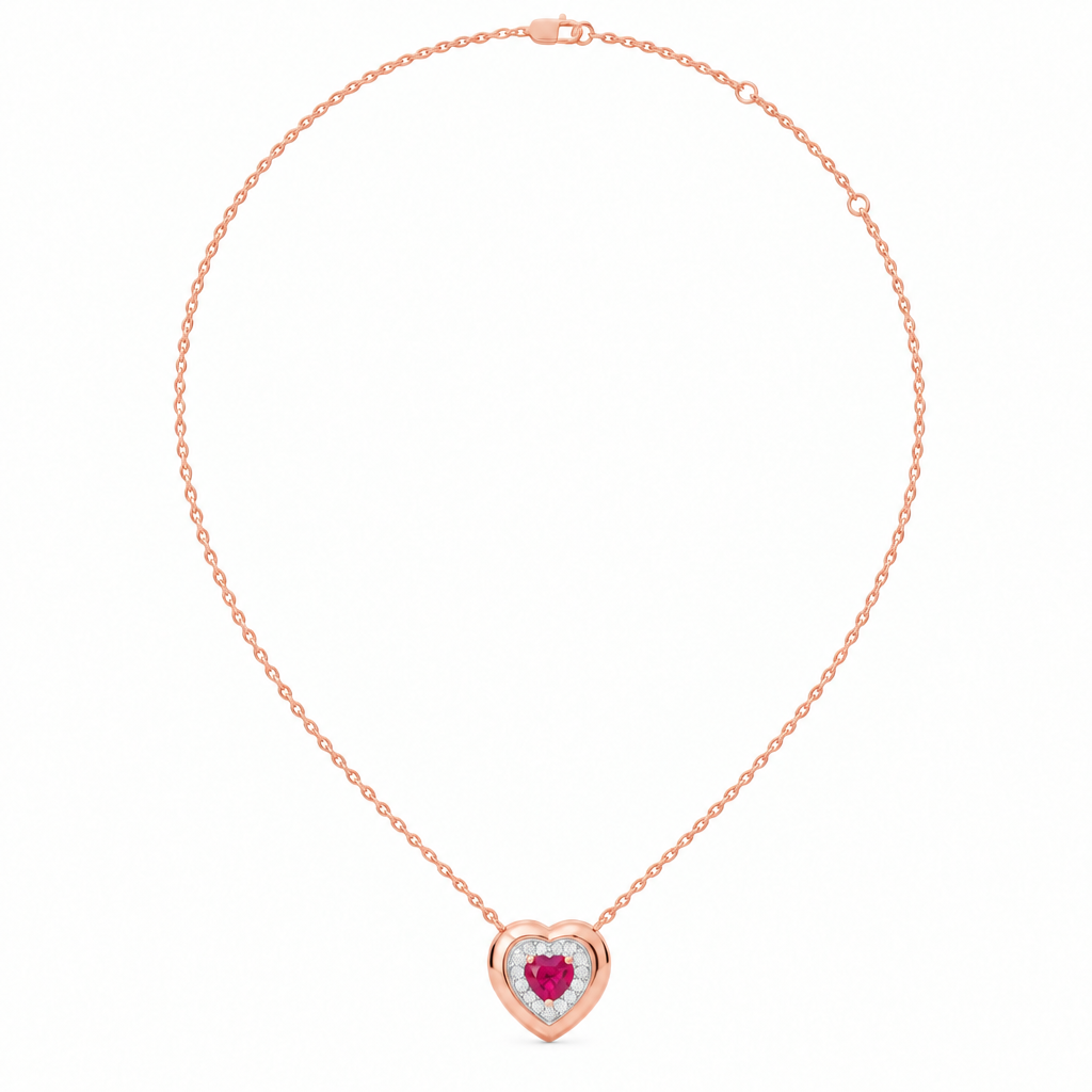 14K Rose Gold Lab Grown Heart Ruby Diamond Halo Pendant - View 3