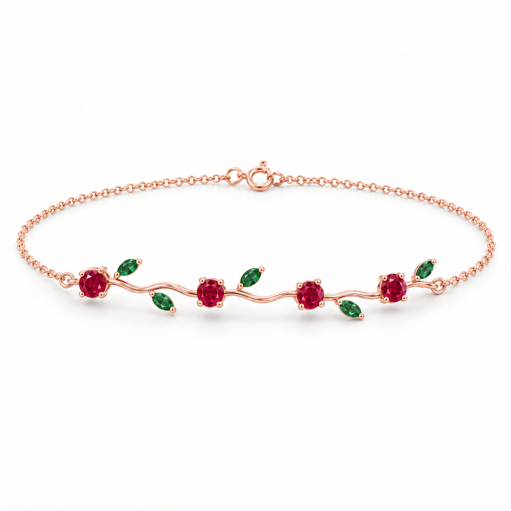 14K Rose Gold Lab Grown Ruby Emerald Vine Bracelet - View 4